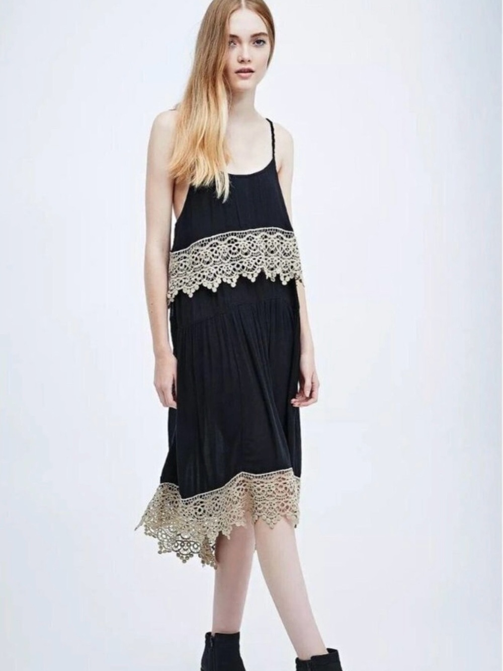 Intimately Free People Black Dress with Beige Crochet Trim